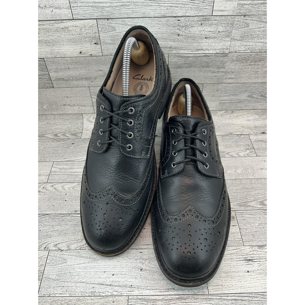 Clarks‎ Shoes Mens Size 9 Black Leather Wingtip Brogue Lace Up Cushioned Sole